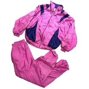 Vintage Misty Valley Sport Nylon Tracksuit Pink Navy Blue Two Piece Set Small